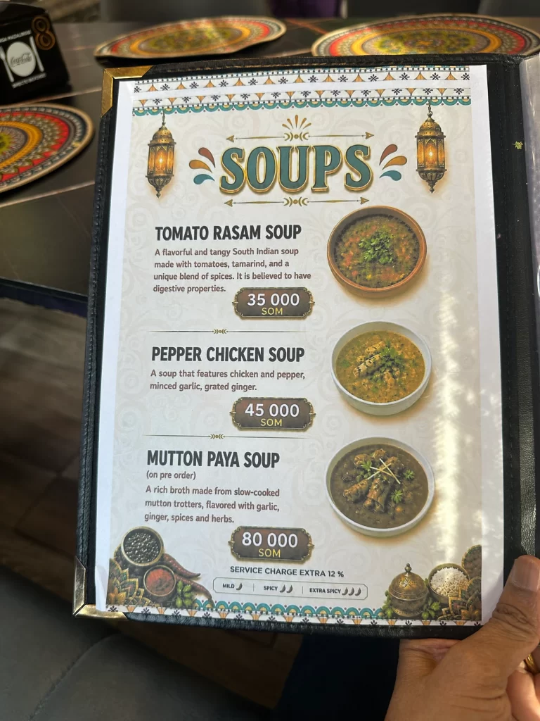 Soups menu at Bollywood Cafe Tashkent city
